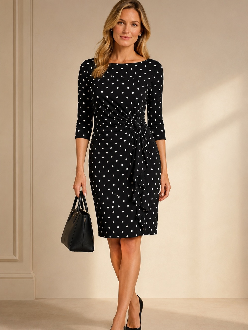 LAUREN RALPH LAUREN Polka Dot Ruched Sheath Dress Size 4 Classic Career Chic